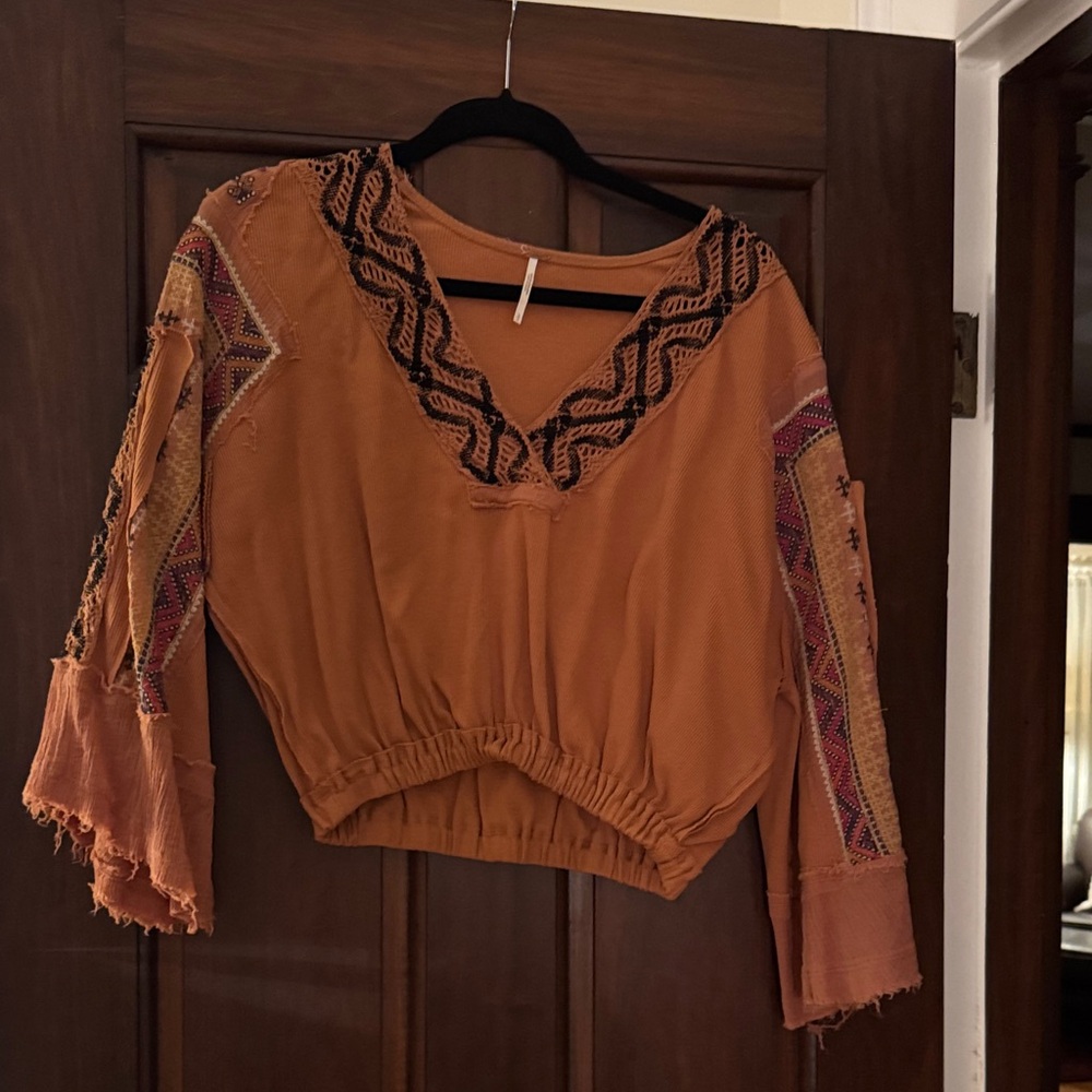 Free People Orange Boho Blouse with Black Accents